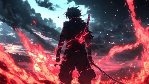 Backlit swordsman stands amid dynamic red energy flames at dusk
