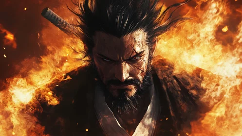 Fierce warrior strides through roaring flames with steady resolve