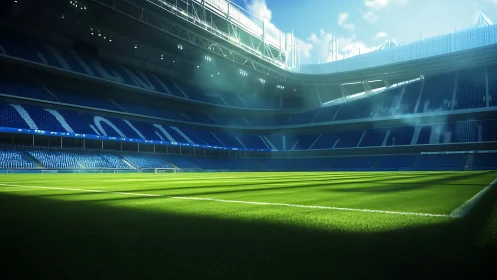 Sunlit empty football stadium interior shows vivid turf