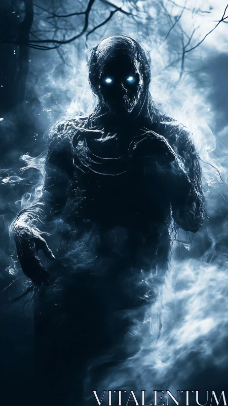 Spectral humanoid entity in volumetric blue fog illumination.