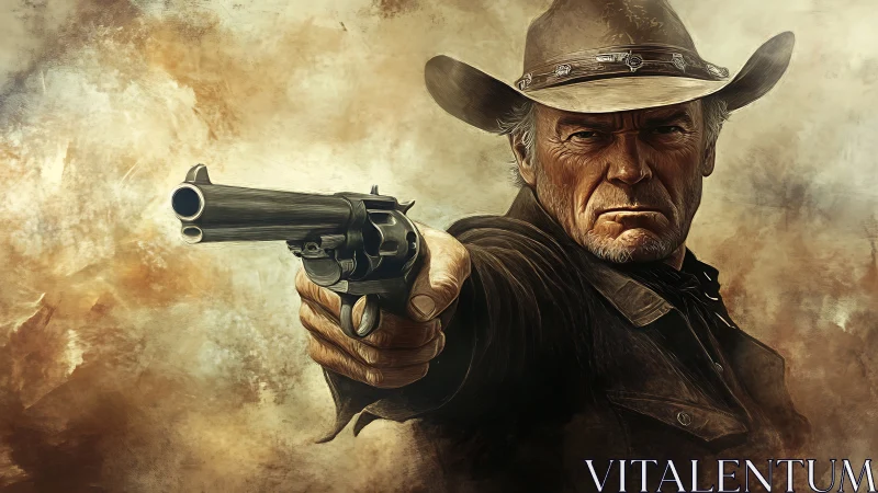 Grit-textured western gunslinger aiming revolver frontally.