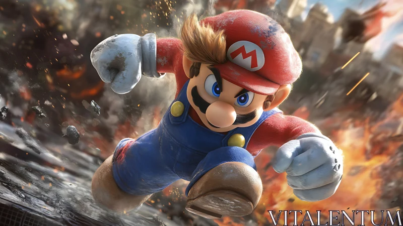 Brave mustached hero charges ahead through flying sparks.