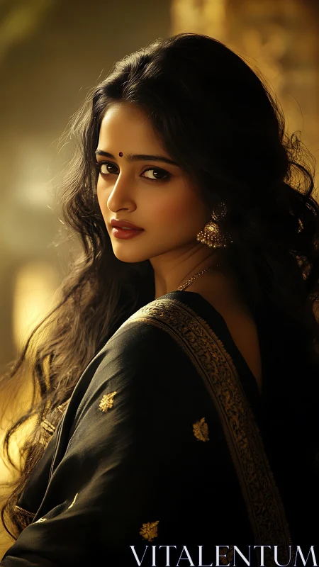 Elegant woman in black saree with warm golden lighting.