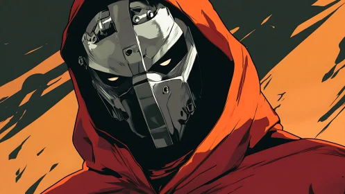 Armored masked figure stares out from crimson hooded cloak.