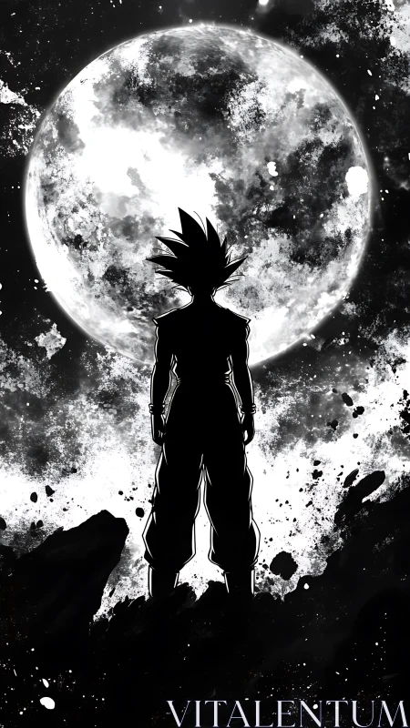 Saiyan warrior silhouette under luminous cosmic moon.
