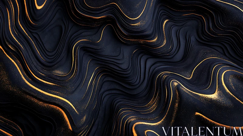 Layered dark surface shows flowing lines and golden traces
