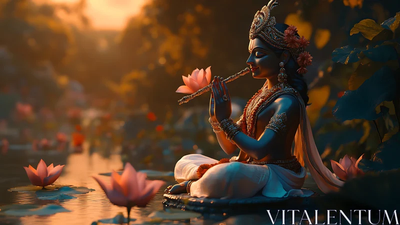 Divine flute player on lotus pond at sunset, ornate regalia