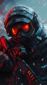 Cybernetic snow operative with red-lumined visor and rifle armor.