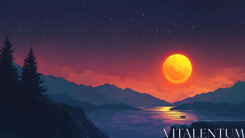 Glowing full moon settles over tranquil lake and mountains