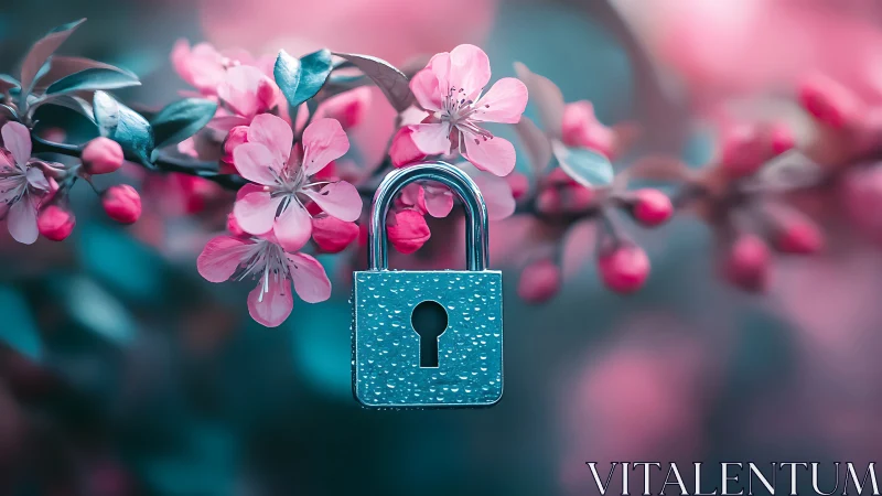 Padlock suspended amid pink blossoms with teal leaf foliage