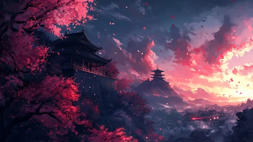 Twilight pagoda skyline under luminous sakura storm clouds.
