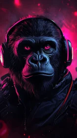 Neon-lit cyber gorilla listens through glowing headphones.