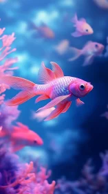 Dreamy pink goldfish gliding through a neon coral cove.