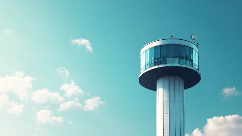 Sky-high observation tower rises calmly above soft clouds
