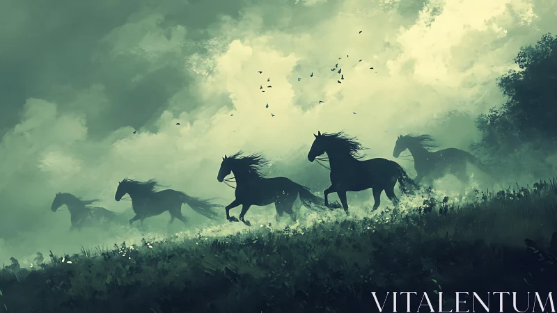 Wild horses gallop through misted meadow under storm light.