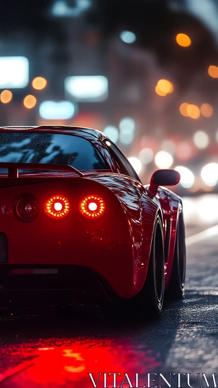 Red sports coupe rear view in wet neon-lit urban traffic at night