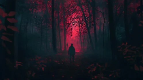 Silhouetted figures walking through eerie red forest path.