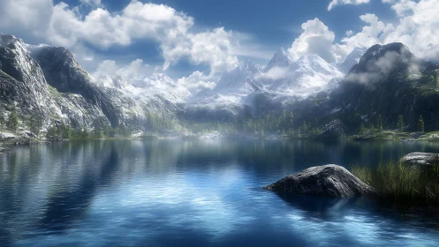 Alpine glacial lake with snow capped peaks and volumetric clouds