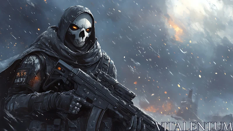 Skulled sentinel stalks the blizzard-lit battlefield horizon