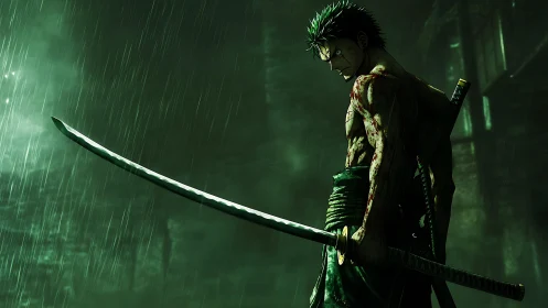 Green haired swordsman stands wounded in dark rainstorm.