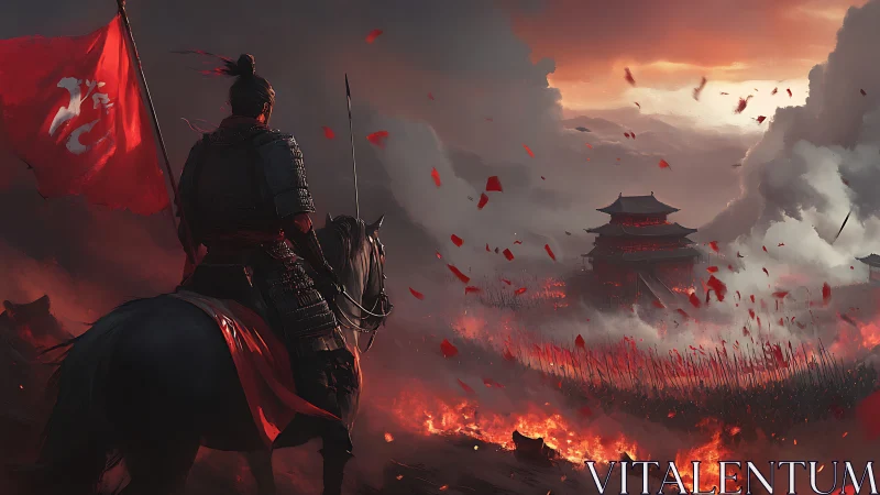 Armored warlord surveys burning fortress amid stormlit siege