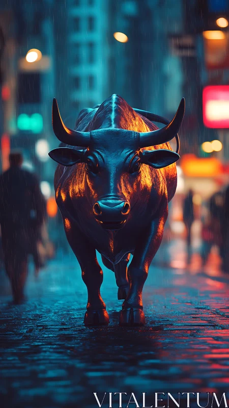 Metallic bull sculpture stands on wet neon city street at night