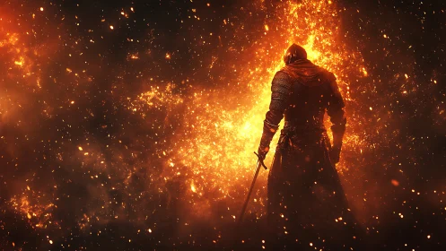 Armored warrior silhouetted against erupting inferno field.