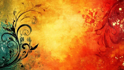 Floral scrollwork silhouette on warm textured gradient field.