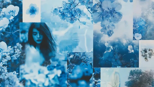 Blue-toned floral collage with female portrait composite.