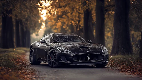 Autumn road panther: glossy black supercar poised to pounce.