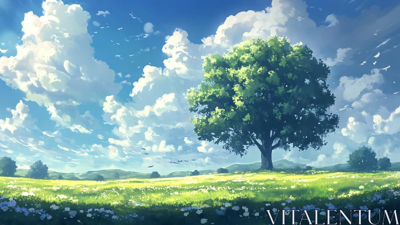 Lone oak under luminous clouds in stylized summer meadow.