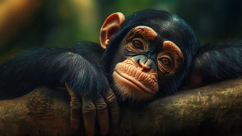 Young chimpanzee rests on log under warm forest light.