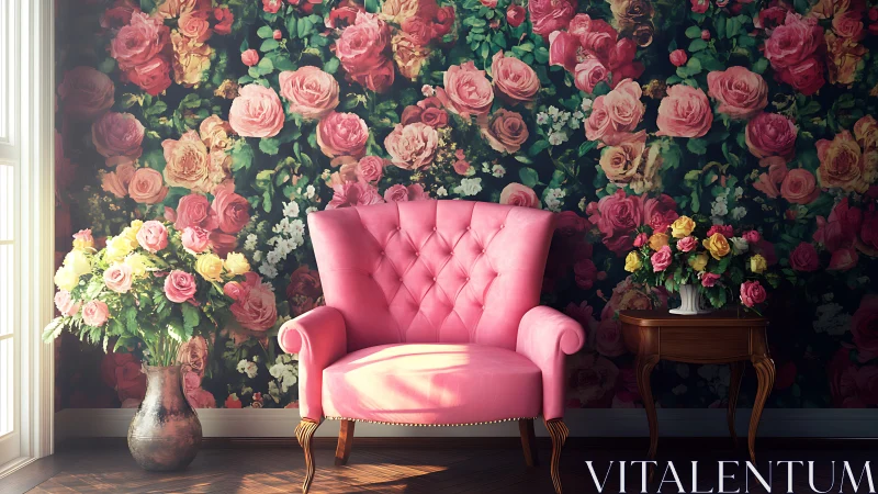 Velvet rose throne in a sunlit floral-storm parlor.