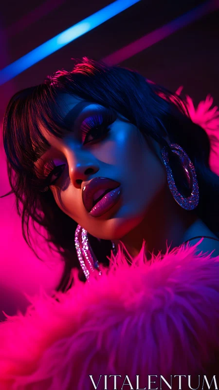 Neon lit glam portrait with bold makeup and sequins.