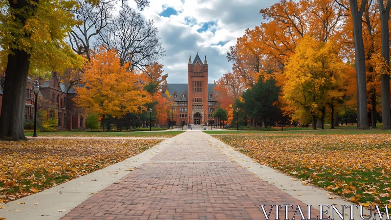 Brick campus walkway toward neo-gothic hall in peak autumn.