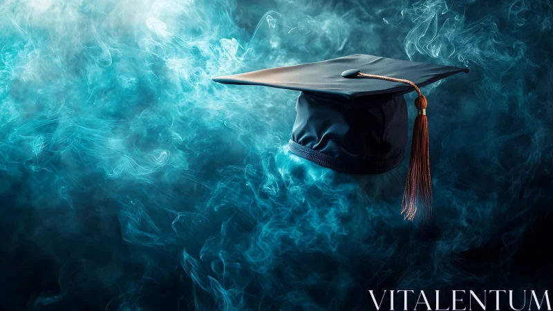 Floating graduation cap in teal atmospheric smoke field