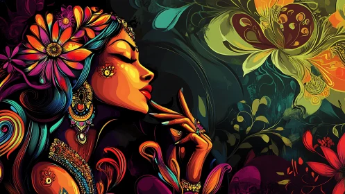 Vibrant woman in profile surrounded by swirling florals.