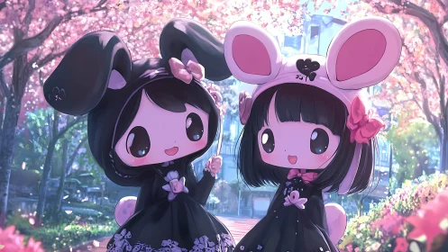 Two stylized bunny-costumed characters stand under cherry trees