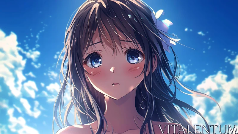 Summer sky hushes behind a wistful, sea-eyed girl