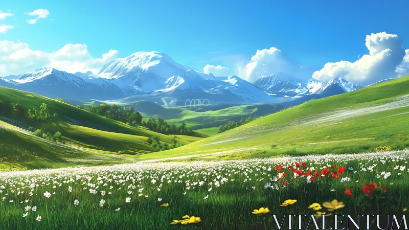 Digital alpine meadow under bright sky and snow peaks.