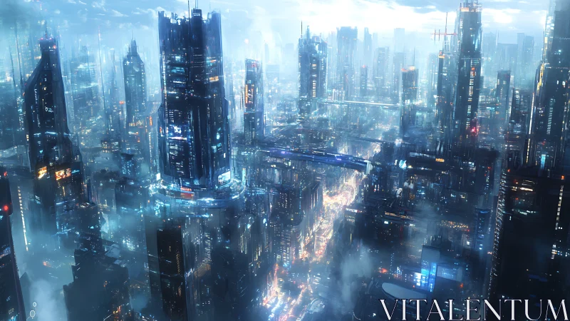 High-altitude panorama captures luminous cyberpunk megacity skyline
