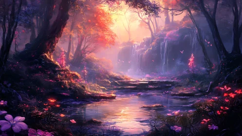 Glowing Forest Paradise with Magical Bioluminescent Waterway