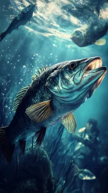 Underwater bass close-up with diver and schooling fish.