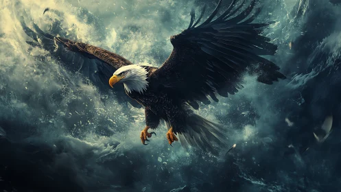 Majestic Bald Eagle Soaring Over Turbulent Ocean in Dramatic Art.