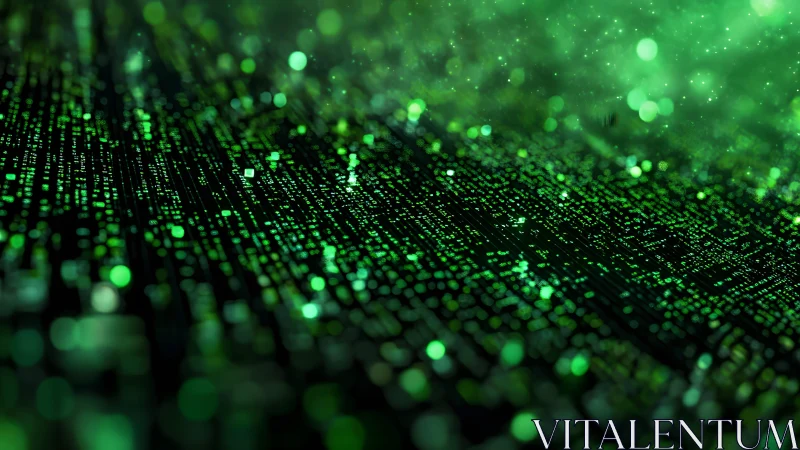 Futuristic digital matrix landscape with glowing green code lines.