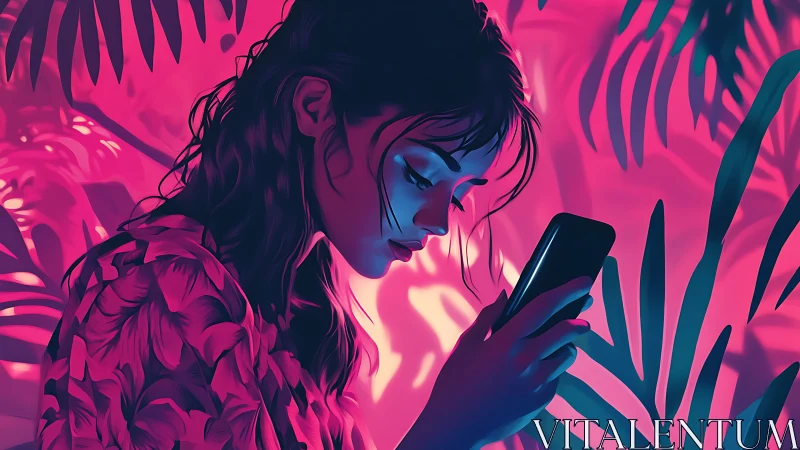 Young woman lit by neon screen glow in tropical dusk