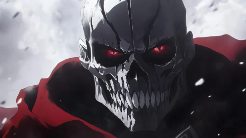 Armored skull warrior with luminous red eyes in close frontal view