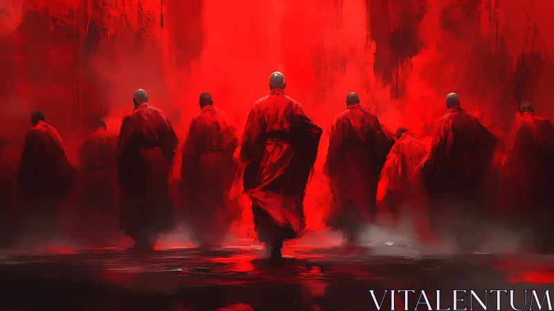 Monks walk forward through dense red mist in loose robes.