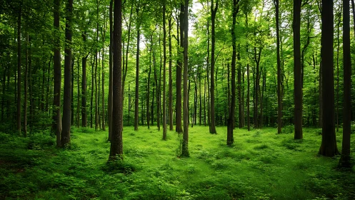 Lush green forest scene with tall trees in natural daylight.