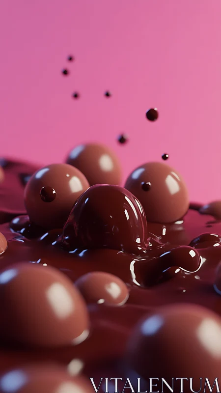 Chocolate spheres splash dynamically against pink background